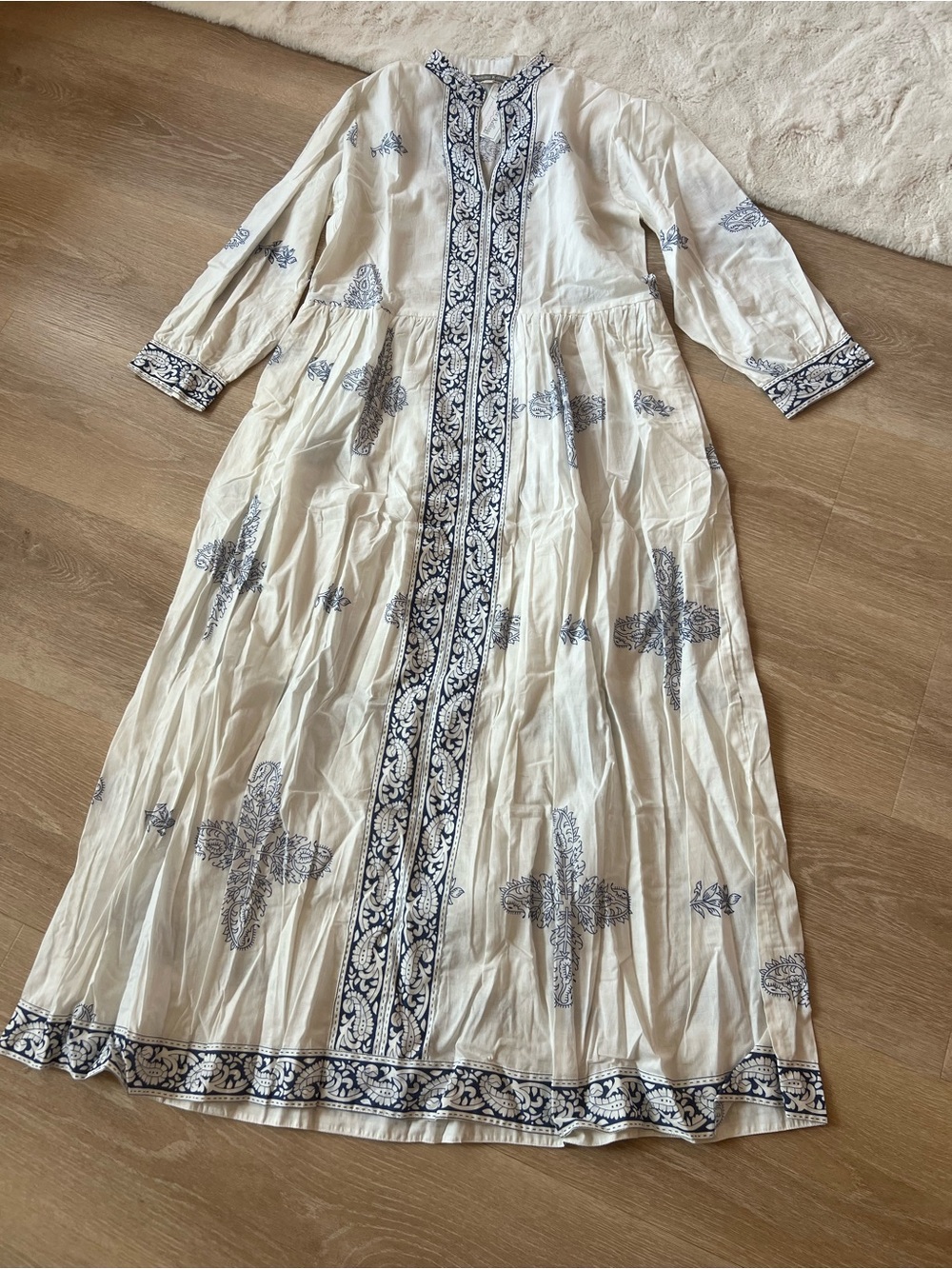 Bohemian Embroidered Maxi Dress - White with Navy Print